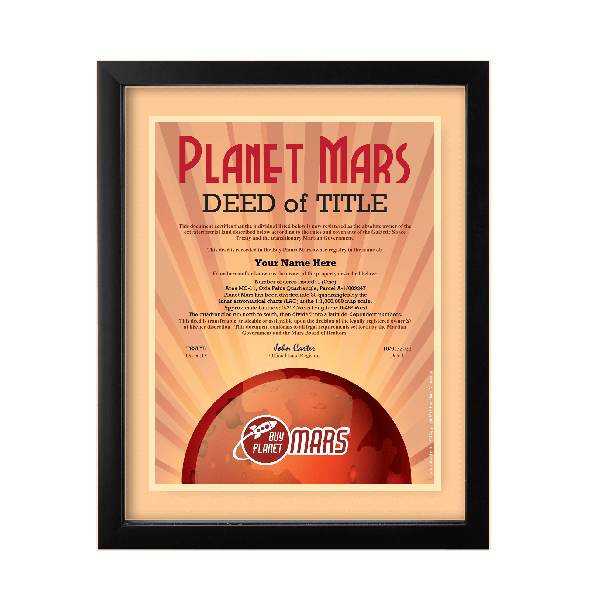 Planet Mars Land Deed